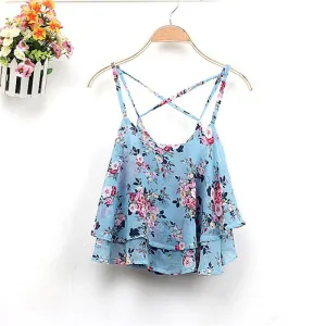 4 Colors Women Clothing Spaghetti Strap Floral Print Chiffon Shirt Vest Blouses Crop Top