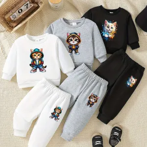 6pcs Set for Baby Boys, Cartoon Cat Print Crew Neck Pullovers & Long Sleeve Pants, Casual Knit Fabric Outfit, Slight Stretch, Alphabet Pattern, Polyester 100%, Loose Fit for Spring/Fall.