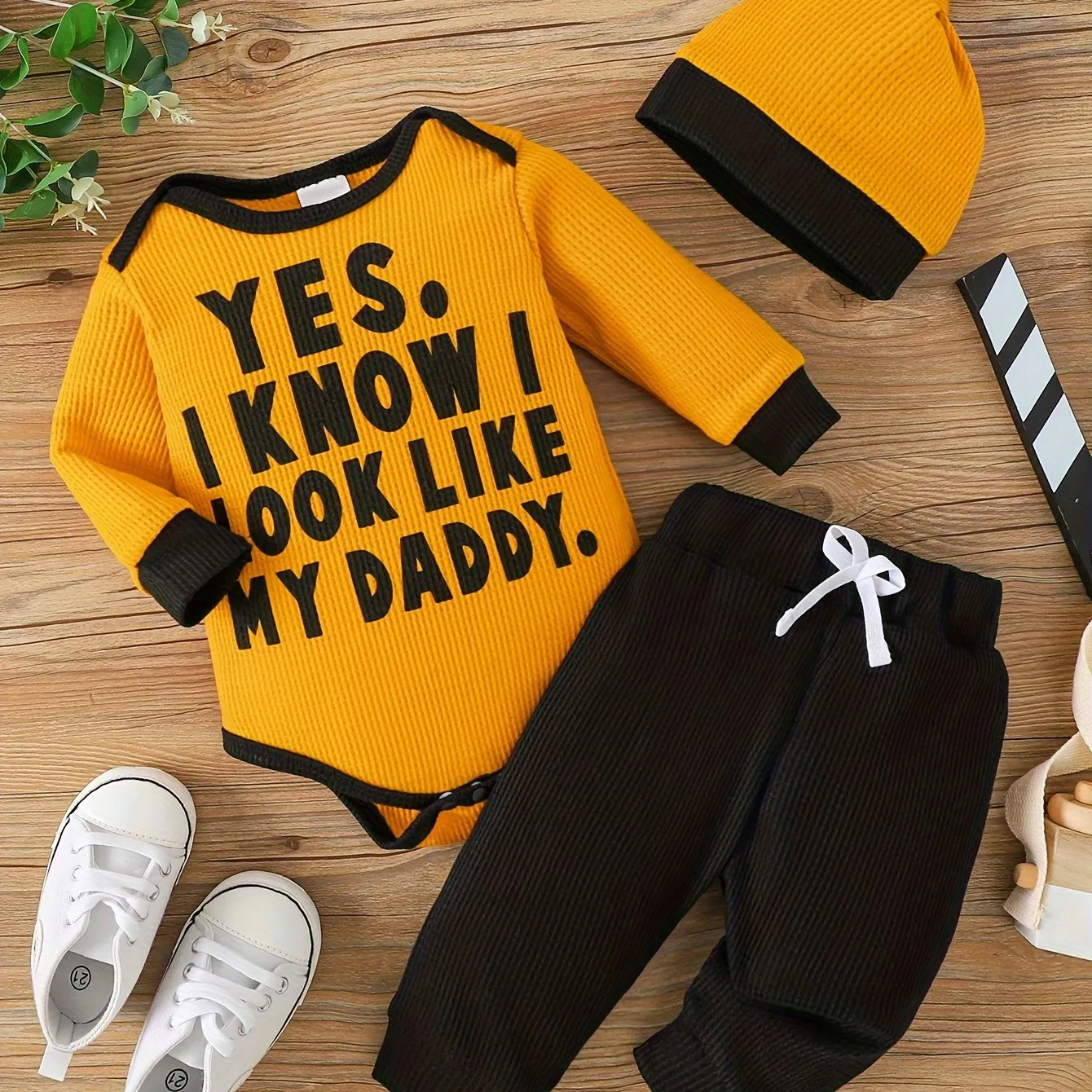 Adorable 3pcs Set for Youngsters Boys: Long Sleeve Letter Print Romper, Pants & Hat - Soft Polyester Blend, Perfect for Spring.