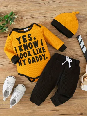 Adorable 3pcs Set for Youngsters Boys: Long Sleeve Letter Print Romper, Pants & Hat - Soft Polyester Blend, Perfect for Spring.