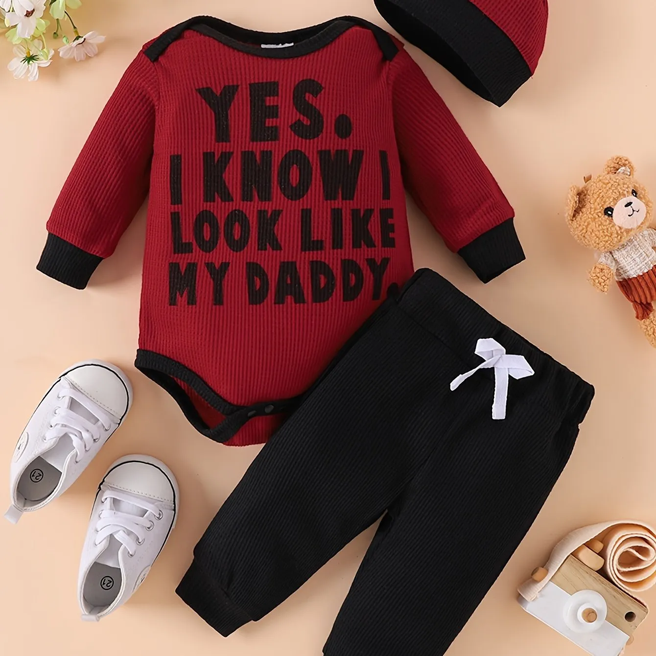 Adorable 3pcs Set for Youngsters Boys: Long Sleeve Letter Print Romper, Pants & Hat - Soft Polyester Blend, Perfect for Spring.