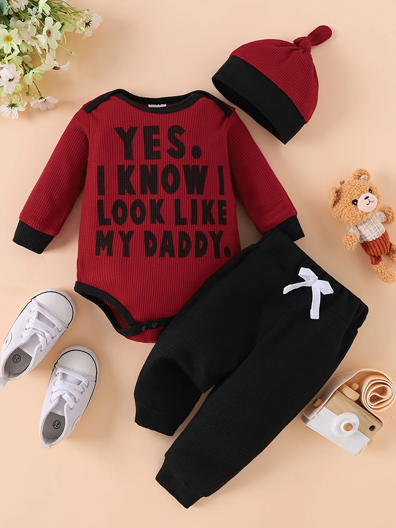 Adorable 3pcs Set for Youngsters Boys: Long Sleeve Letter Print Romper, Pants & Hat - Soft Polyester Blend, Perfect for Spring.