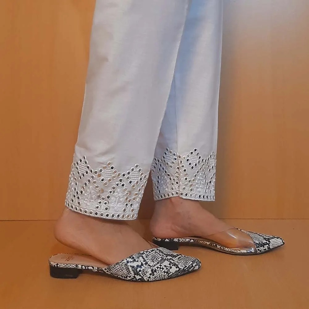 Artificial Mirror Work Embroided Cotton Trouser - White - ZT349