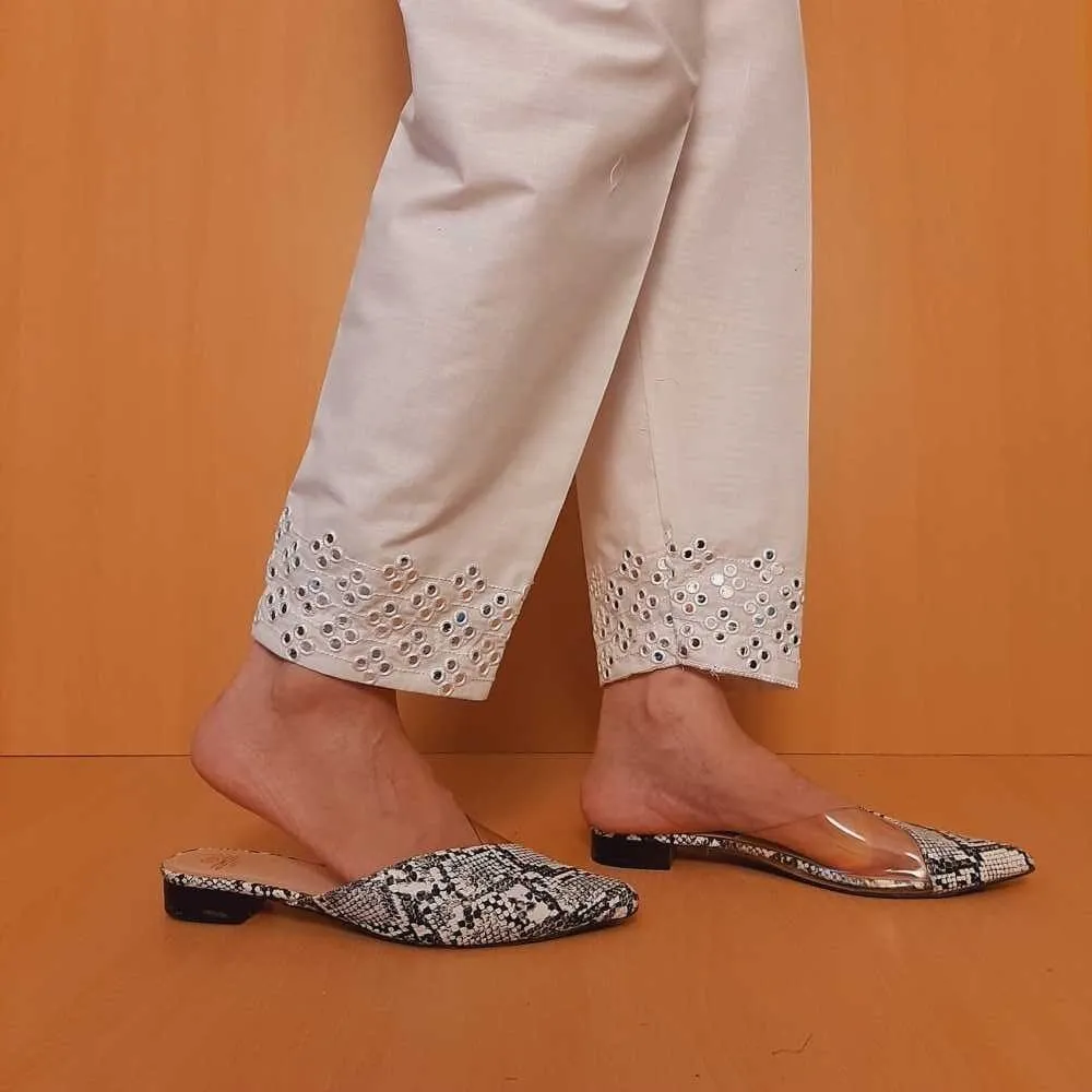Artificial Mirror Work Embroided Cotton Trouser - White - ZT354