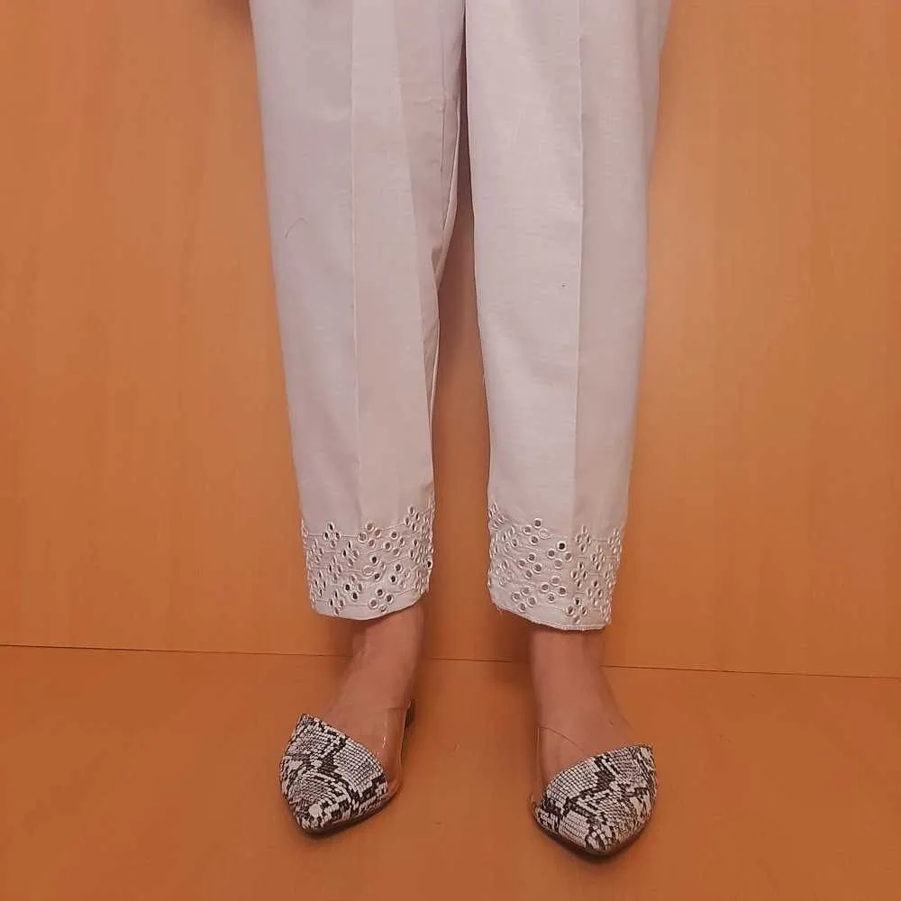 Artificial Mirror Work Embroided Cotton Trouser - White - ZT354