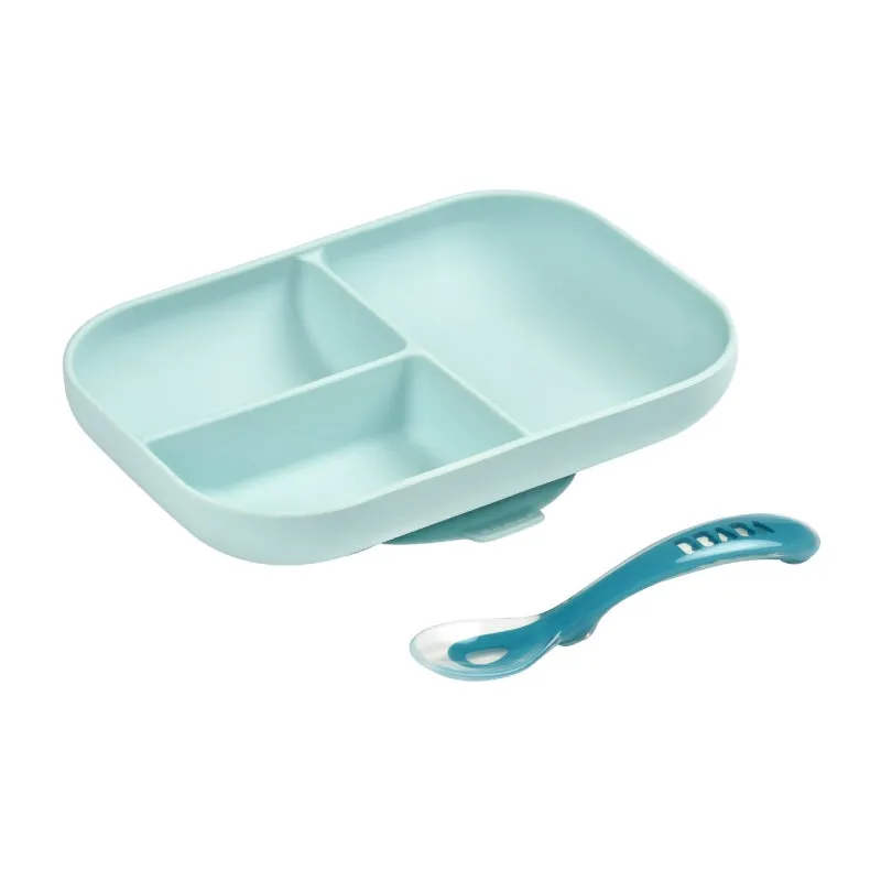 Beaba Silicone suction divided plate   2nd age spoon - Blue