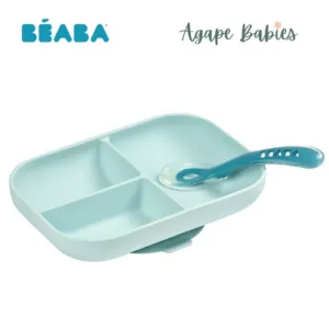 Beaba Silicone suction divided plate   2nd age spoon - Blue