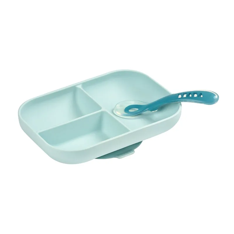 Beaba Silicone suction divided plate   2nd age spoon - Blue