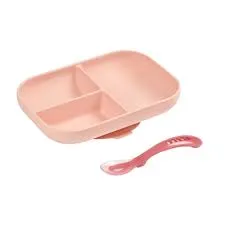 Beaba Silicone suction divided plate   2nd age spoon - Pink