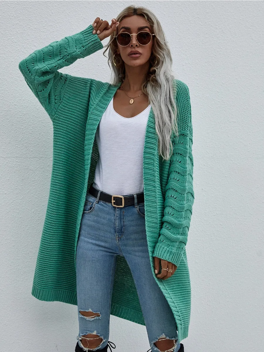 Braid Open Knit Long Cardigan - Green