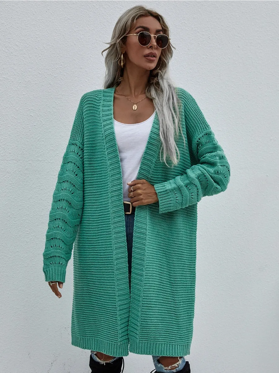 Braid Open Knit Long Cardigan - Green
