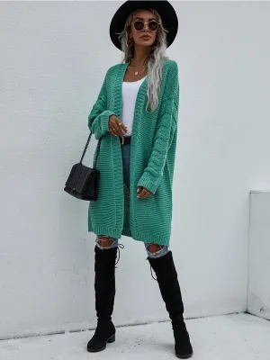 Braid Open Knit Long Cardigan - Green