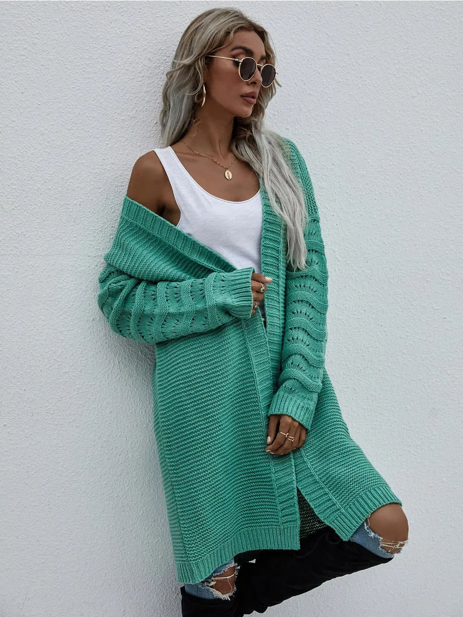 Braid Open Knit Long Cardigan - Green