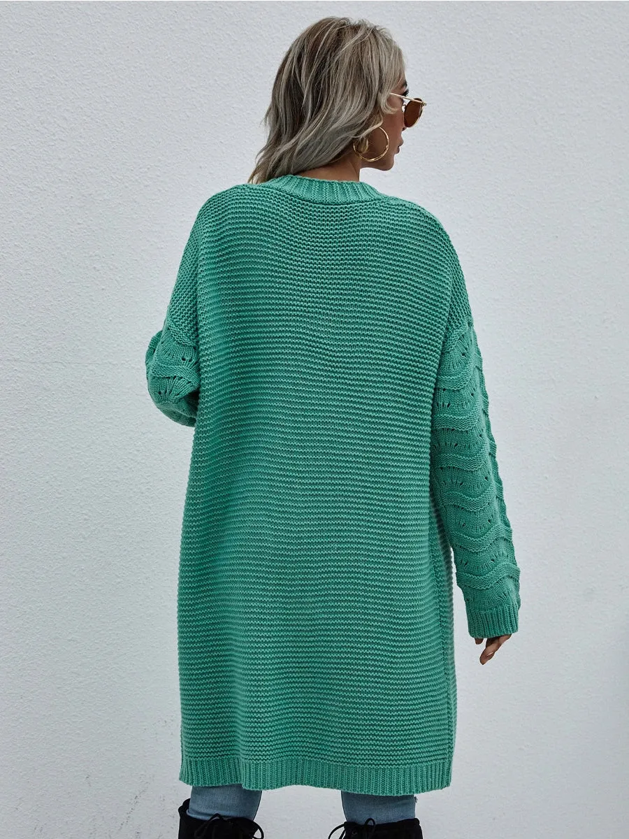 Braid Open Knit Long Cardigan - Green