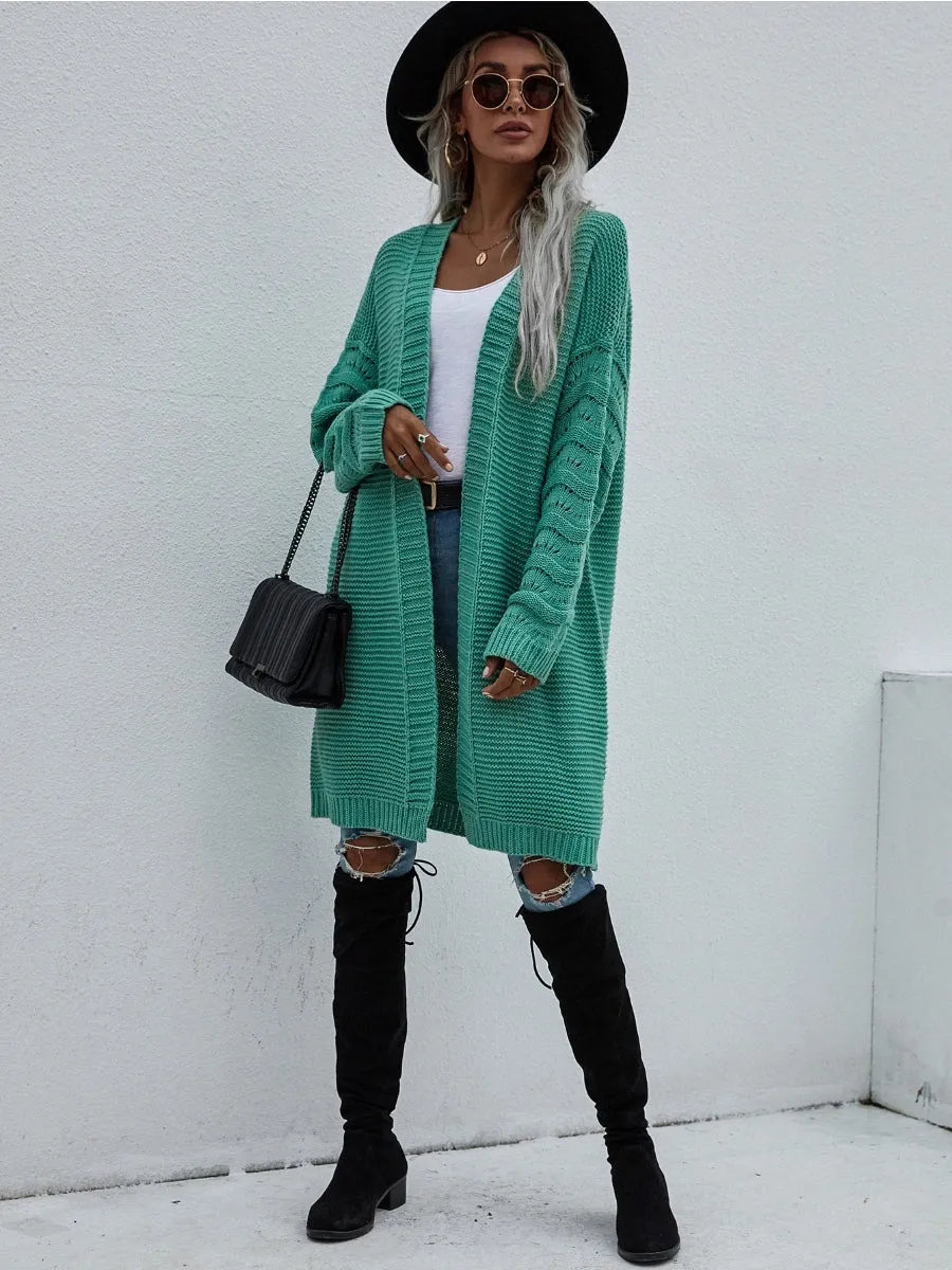 Braid Open Knit Long Cardigan - Green