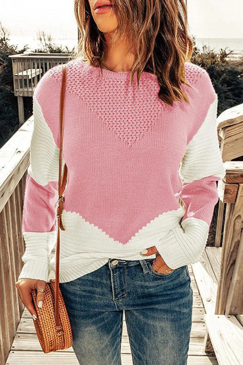 Casual Color Block Patchwork O Neck Sweaters(7 Colors)