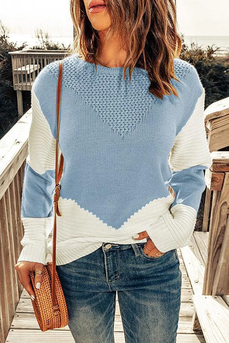 Casual Color Block Patchwork O Neck Sweaters(7 Colors)