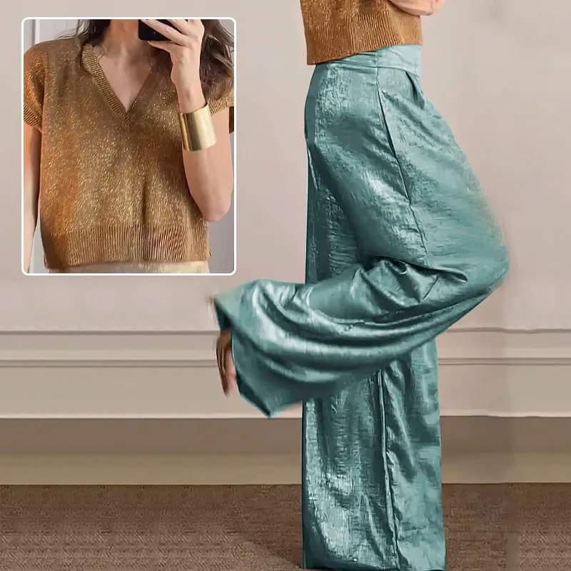 Casual Short-Sleeve Top & Wide-Leg Pants Two-Piece Suit