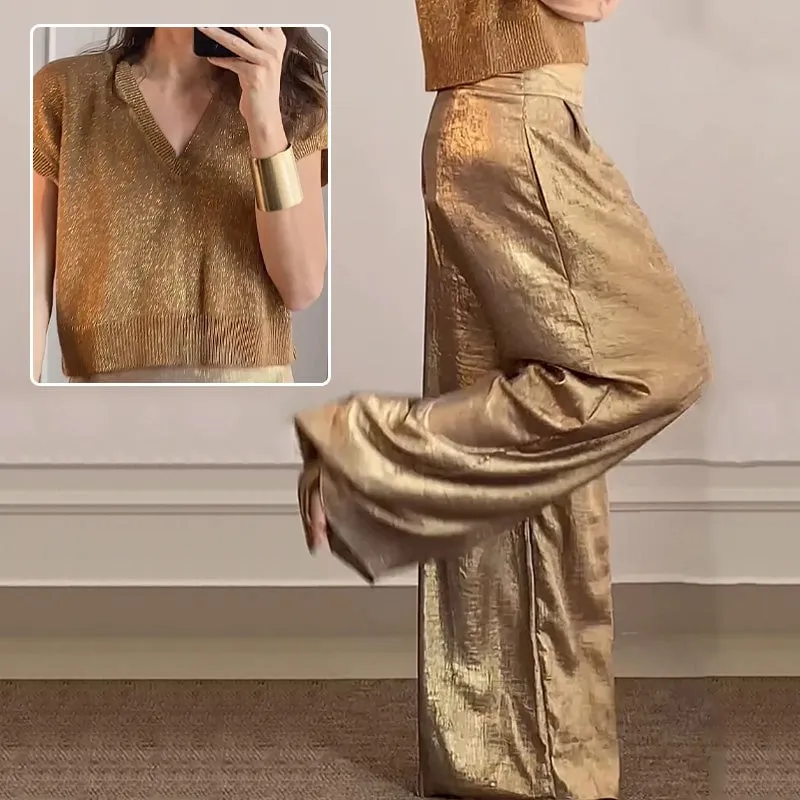 Casual Short-Sleeve Top & Wide-Leg Pants Two-Piece Suit