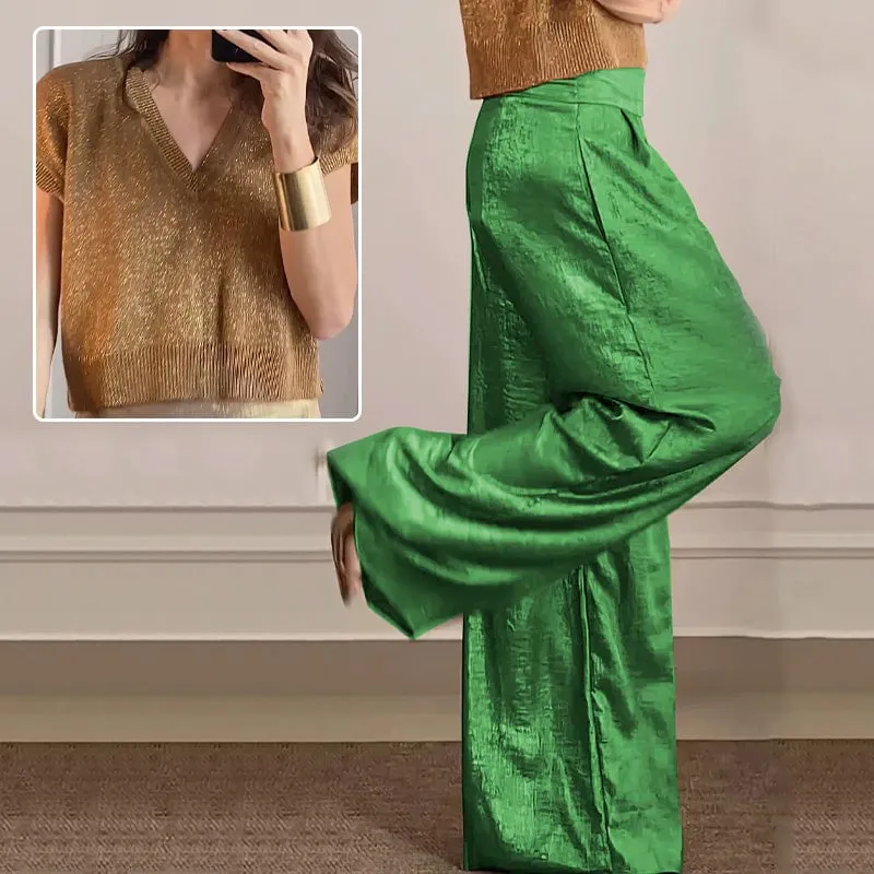 Casual Short-Sleeve Top & Wide-Leg Pants Two-Piece Suit