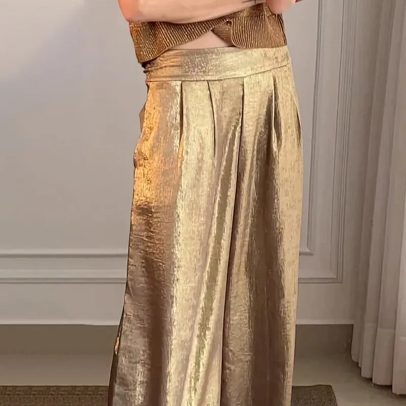 Casual Short-Sleeve Top & Wide-Leg Pants Two-Piece Suit