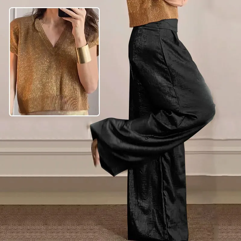 Casual Short-Sleeve Top & Wide-Leg Pants Two-Piece Suit