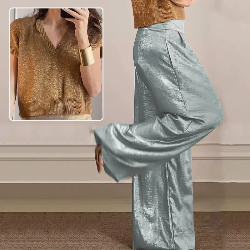 Casual Short-Sleeve Top & Wide-Leg Pants Two-Piece Suit