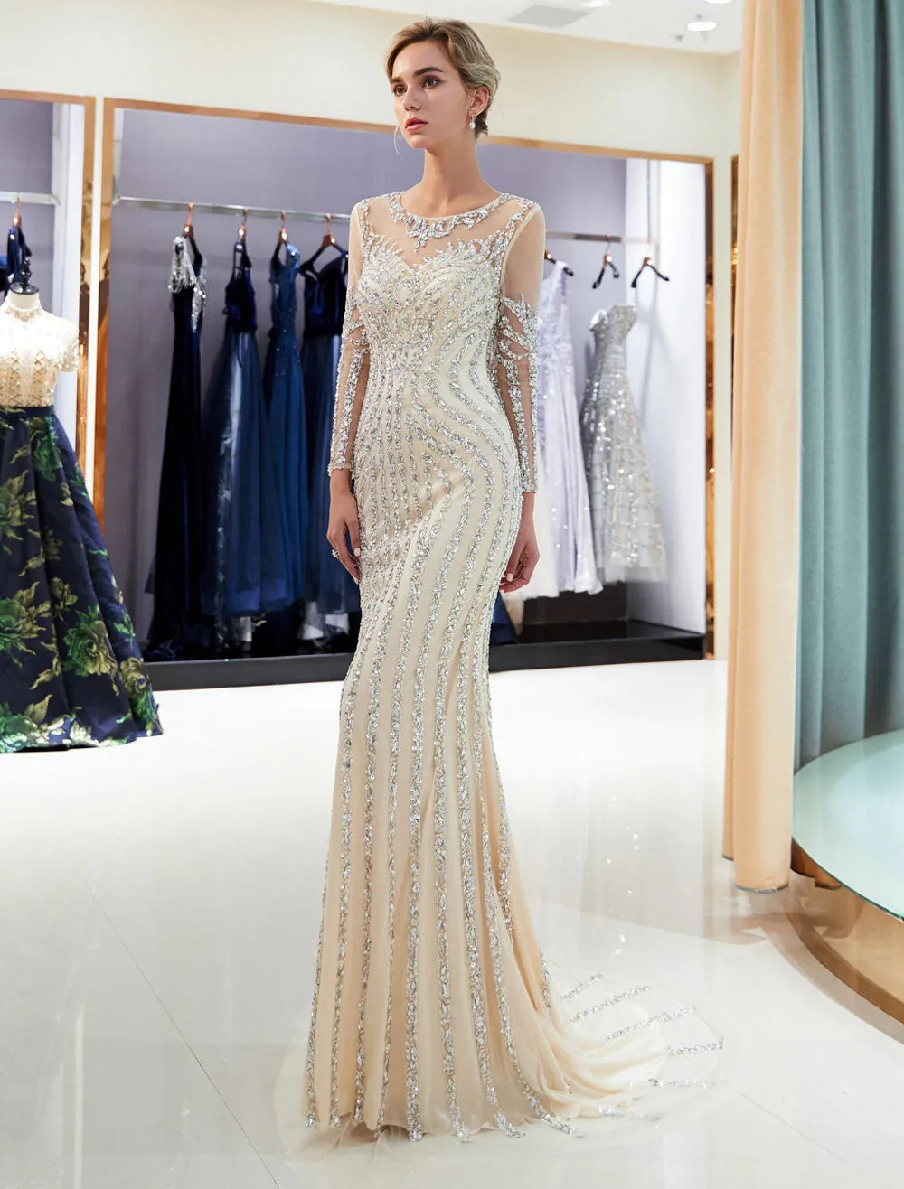 Charming Evening Dresses Long Sleeve Light Grey Mermaid Beading Illusion Luxury Formal Gowns