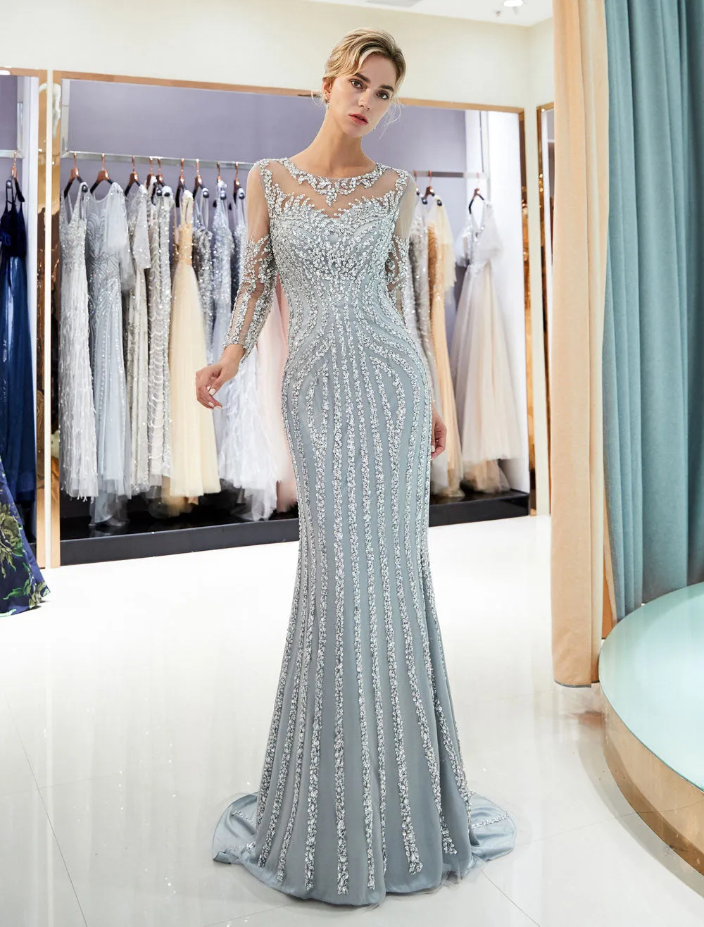 Charming Evening Dresses Long Sleeve Light Grey Mermaid Beading Illusion Luxury Formal Gowns