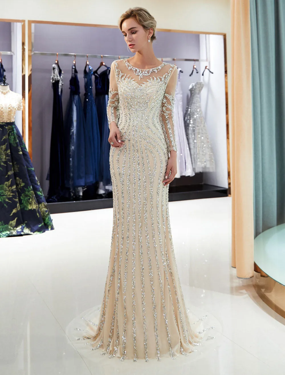 Charming Evening Dresses Long Sleeve Light Grey Mermaid Beading Illusion Luxury Formal Gowns
