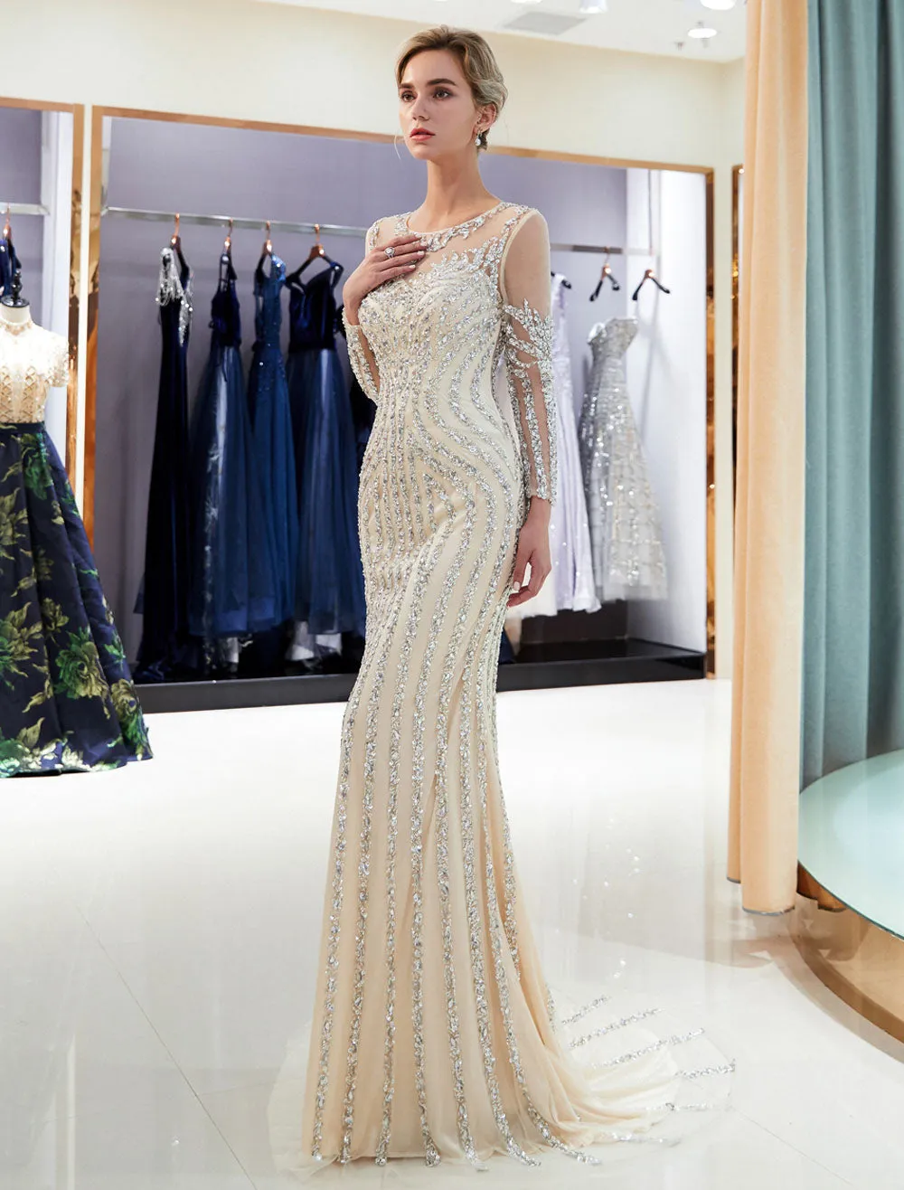 Charming Evening Dresses Long Sleeve Light Grey Mermaid Beading Illusion Luxury Formal Gowns