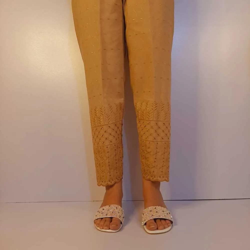Chikankari Trouser - Soft Cotton - Beige - ZT517