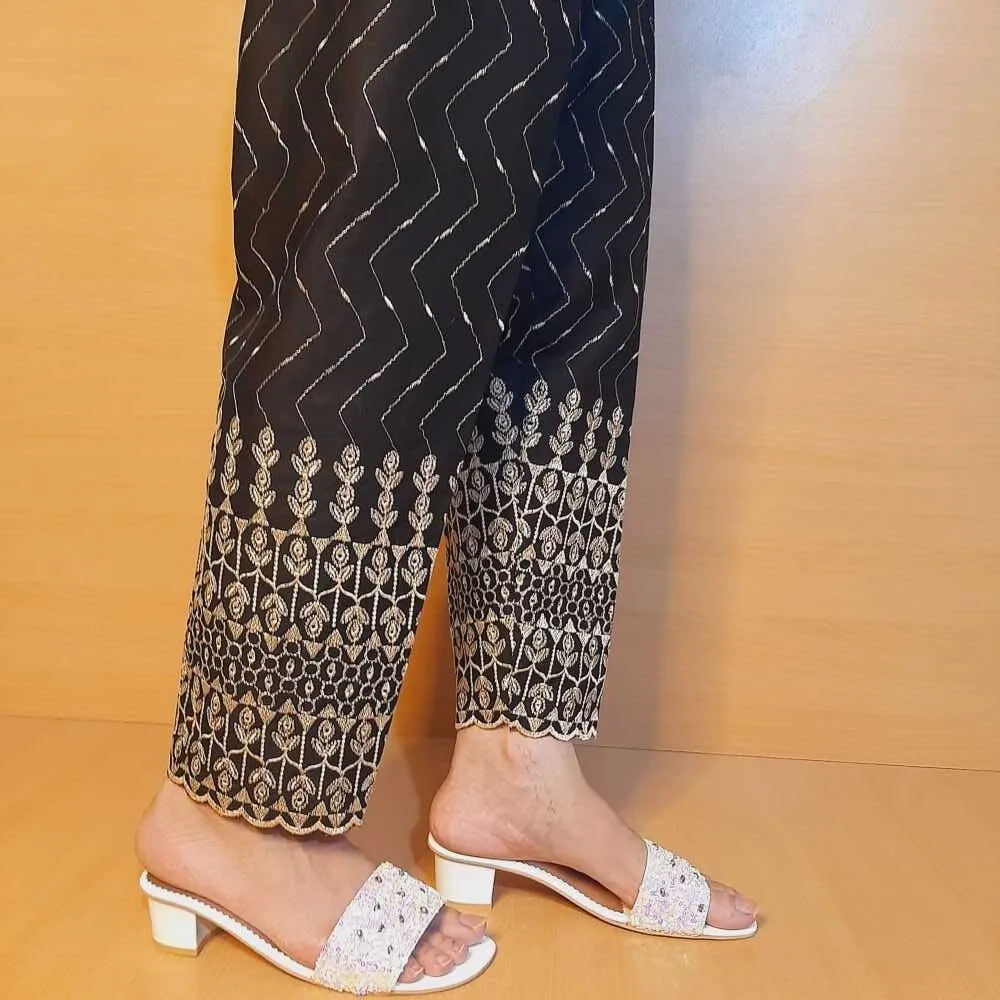 Chikankari Trouser - Soft Cotton - Black / Gold - ZT449