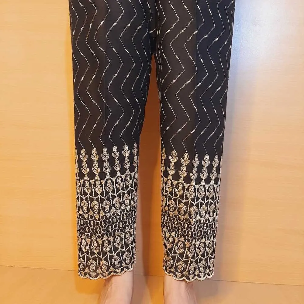 Chikankari Trouser - Soft Cotton - Black / Gold - ZT449