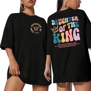 Christian Shirt Women Daughter of The King T-Shirt Crown Graphic Tee Inspirational Religious Oversized Tops Black