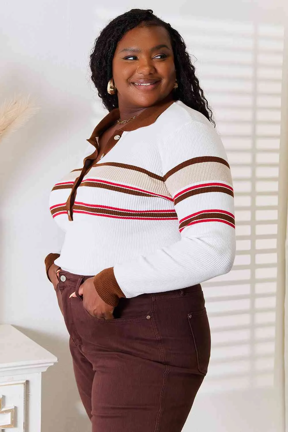 Connie Basic Bae Striped Collared Neck Rib-Knit Top