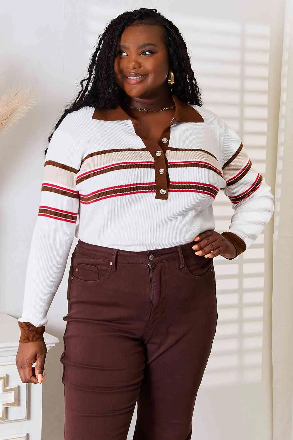 Connie Basic Bae Striped Collared Neck Rib-Knit Top