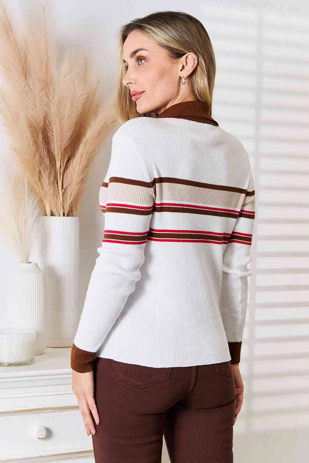 Connie Basic Bae Striped Collared Neck Rib-Knit Top