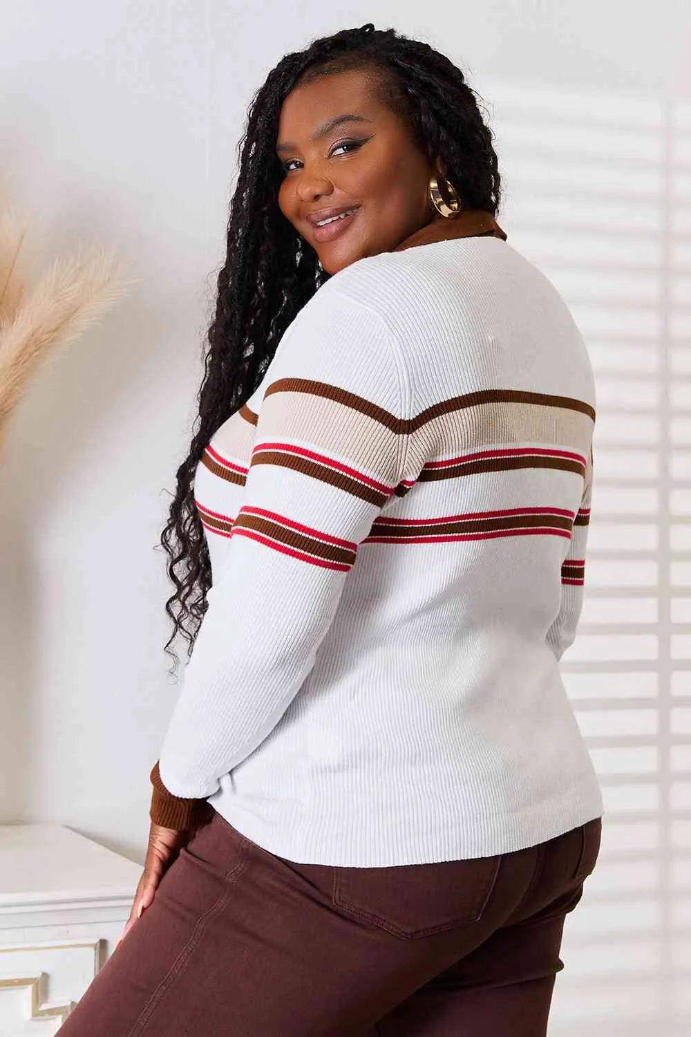 Connie Basic Bae Striped Collared Neck Rib-Knit Top
