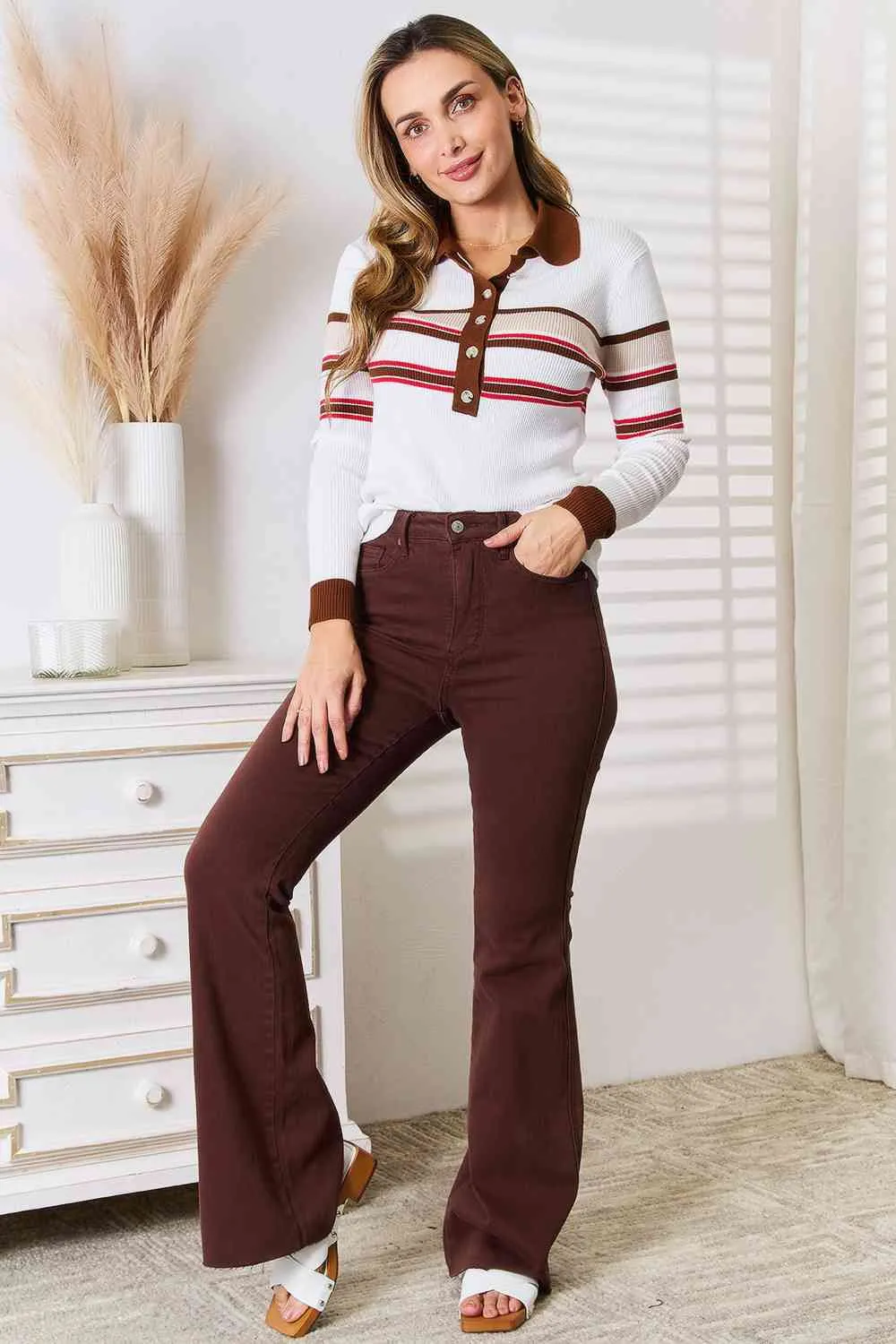 Connie Basic Bae Striped Collared Neck Rib-Knit Top