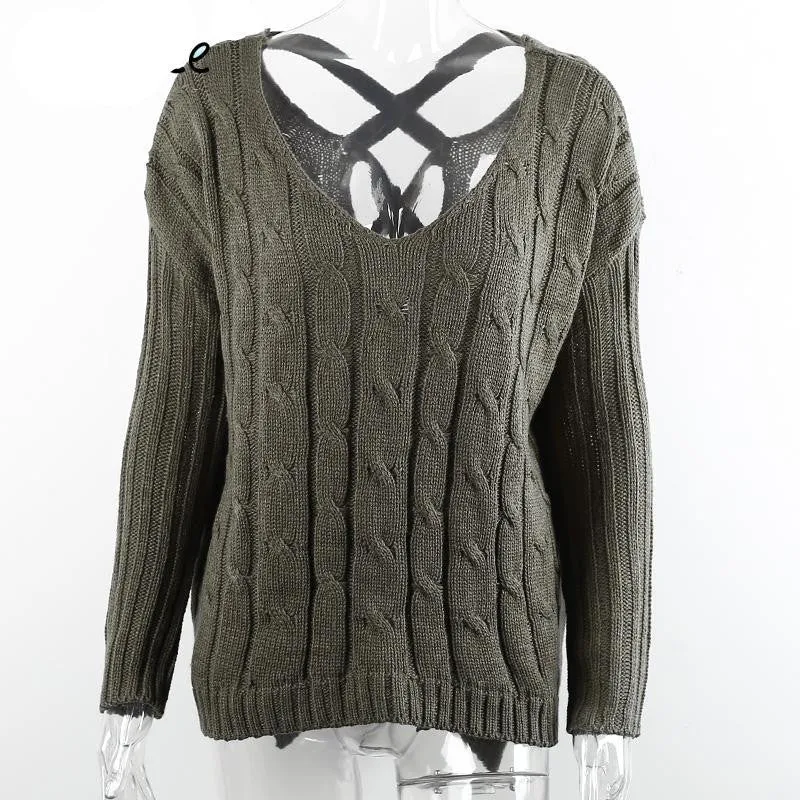 Criss cross top Backless knitted sweater women Oversized knitwear Loose jumpers white pullover