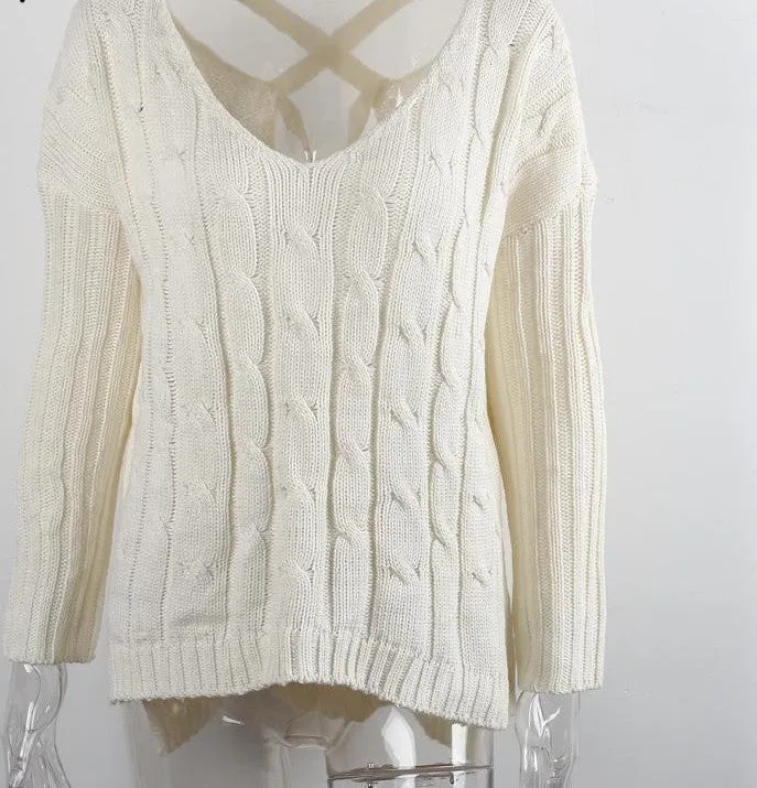 Criss cross top Backless knitted sweater women Oversized knitwear Loose jumpers white pullover