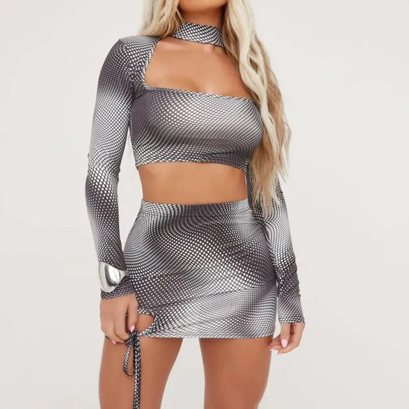Cut Out Crop Top & Skirt Set - Long Sleeves, Polyester/Milk Fiber/Spandex Blend