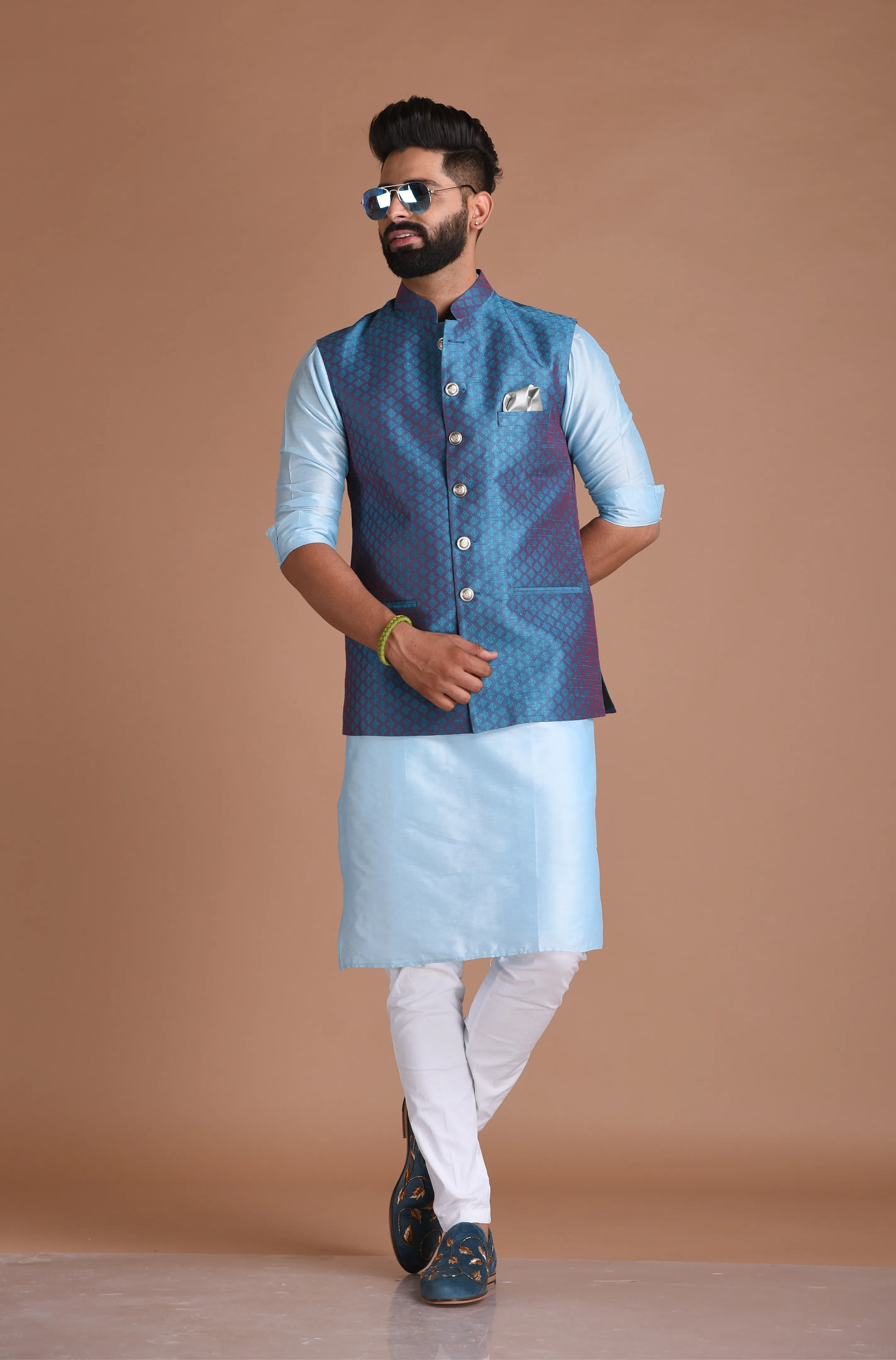 Diamond Pattern Half Jodhpuri Jacket With Kurta Pajama