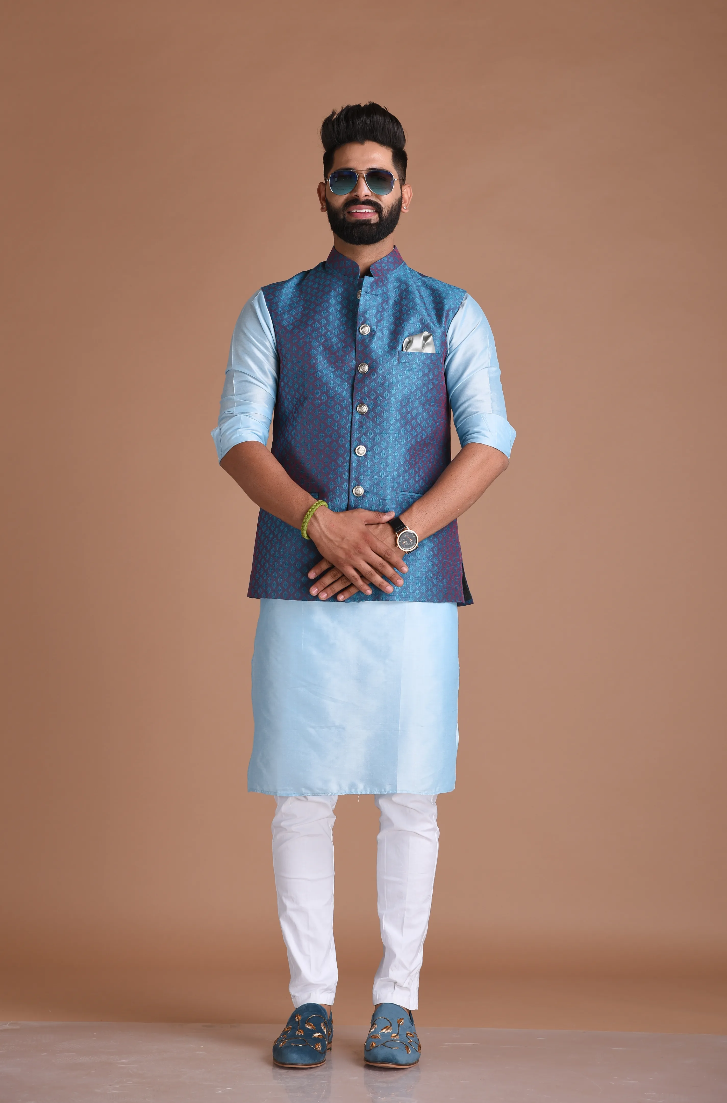 Diamond Pattern Half Jodhpuri Jacket With Kurta Pajama