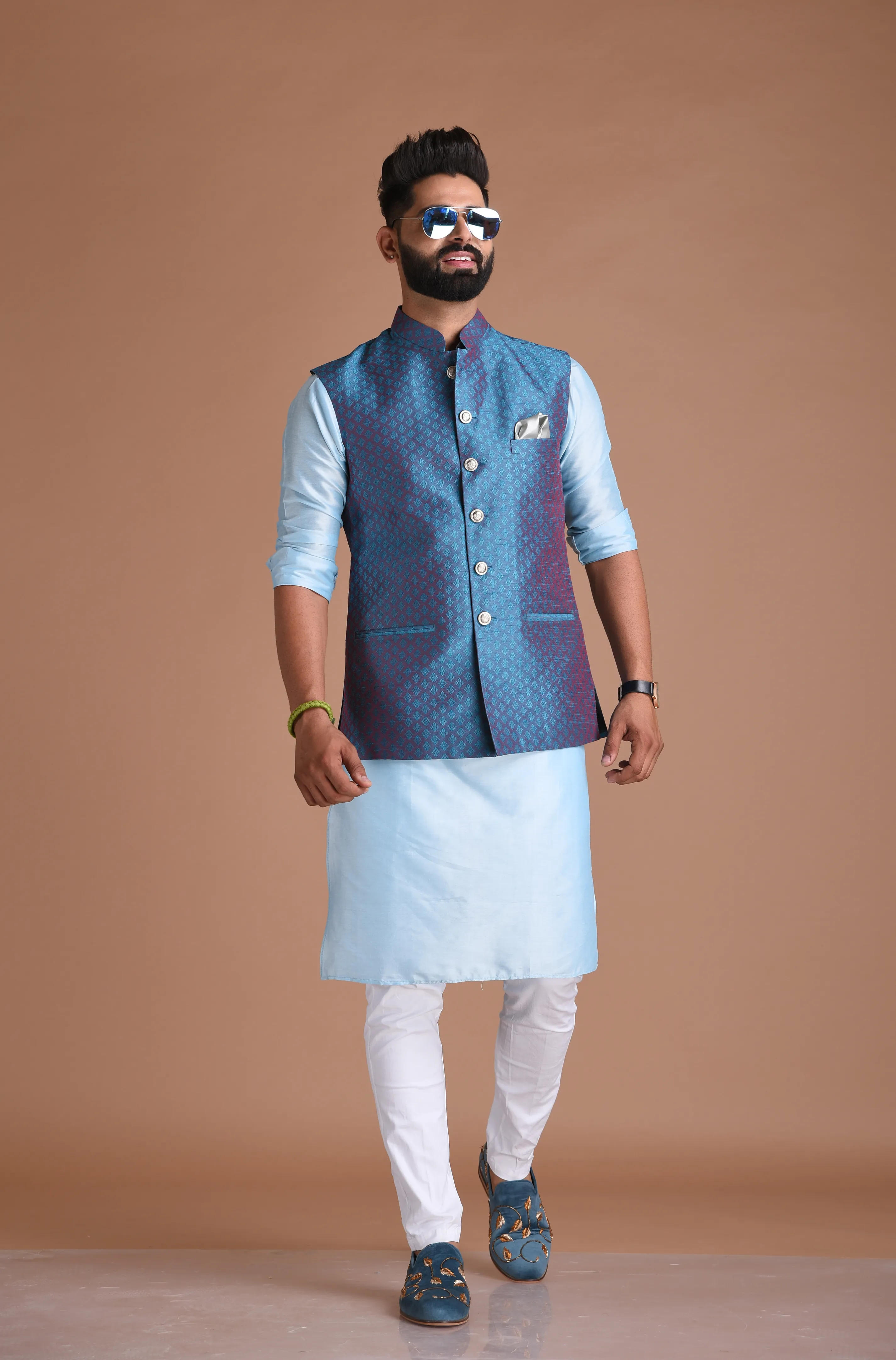 Diamond Pattern Half Jodhpuri Jacket With Kurta Pajama
