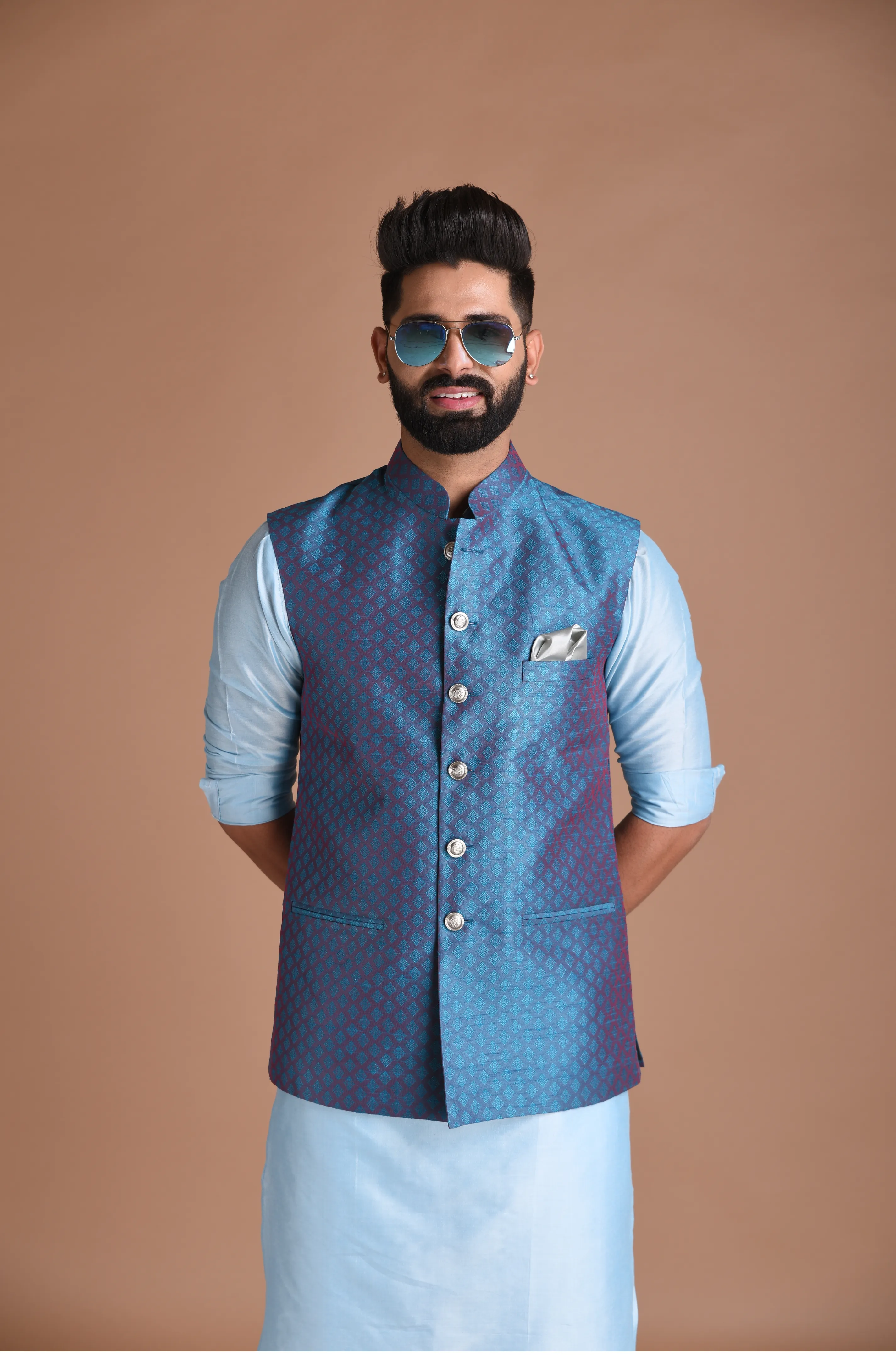 Diamond Pattern Half Jodhpuri Jacket With Kurta Pajama