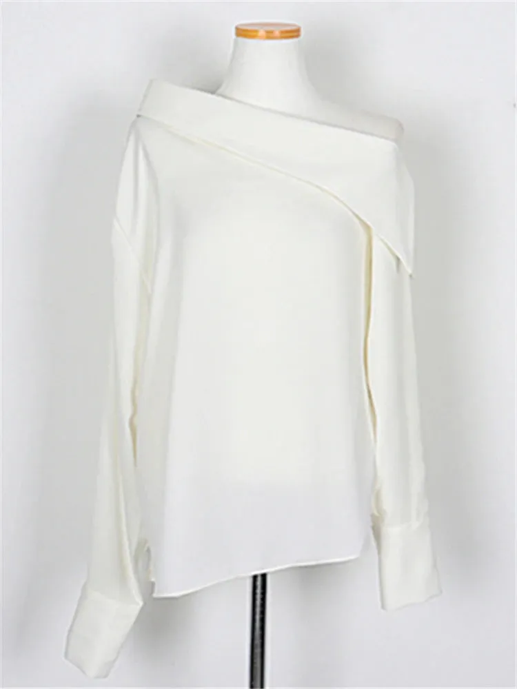 Elegant Office Korean Style Lady One Shoulder Sexy Wild Women Spring Summer Cold Blouses Shirts Tops