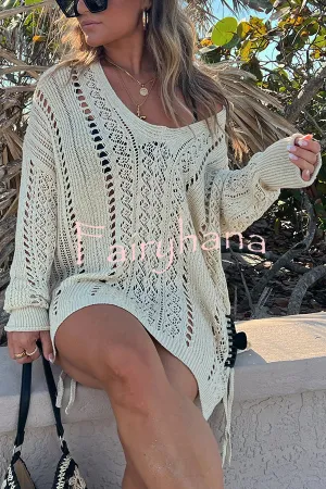Fashion Hollow Long Sleeve Loose Drawstring Knitted Cover-ups