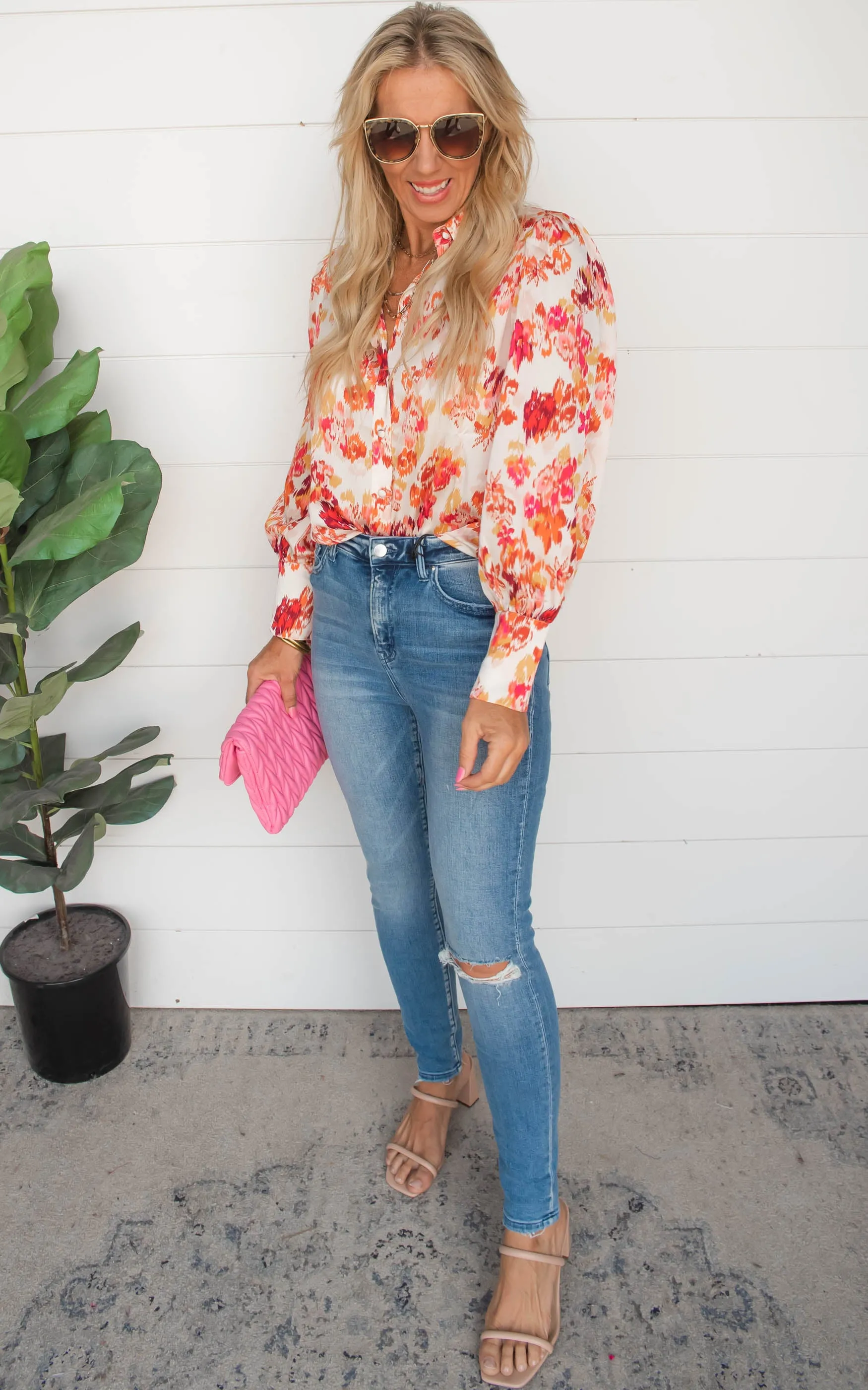 Floral Abstract Satin Button Down Blouse - Final Sale